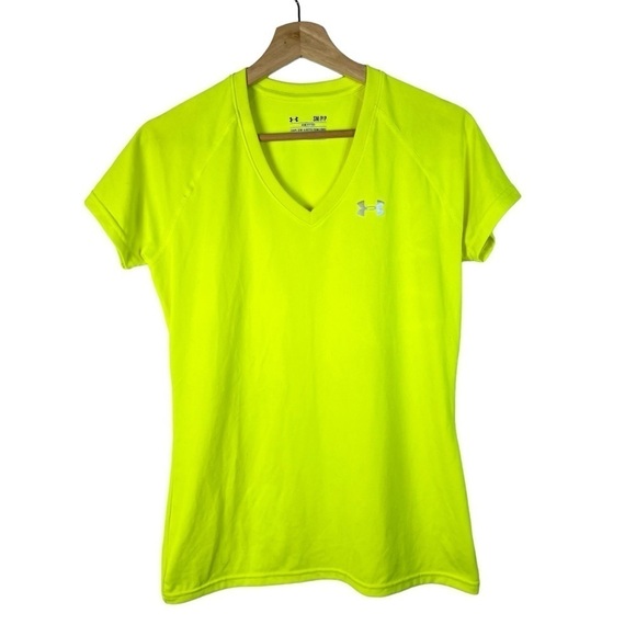 Under Armour Neon Yellow Tech V-Neck Short Sleeve Athletic Top S - Picture 1 of 4